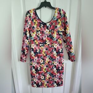 Betsey Johnson Long Sleeve Pink Floral Print Scuba Sheath Midi Dress Size 10